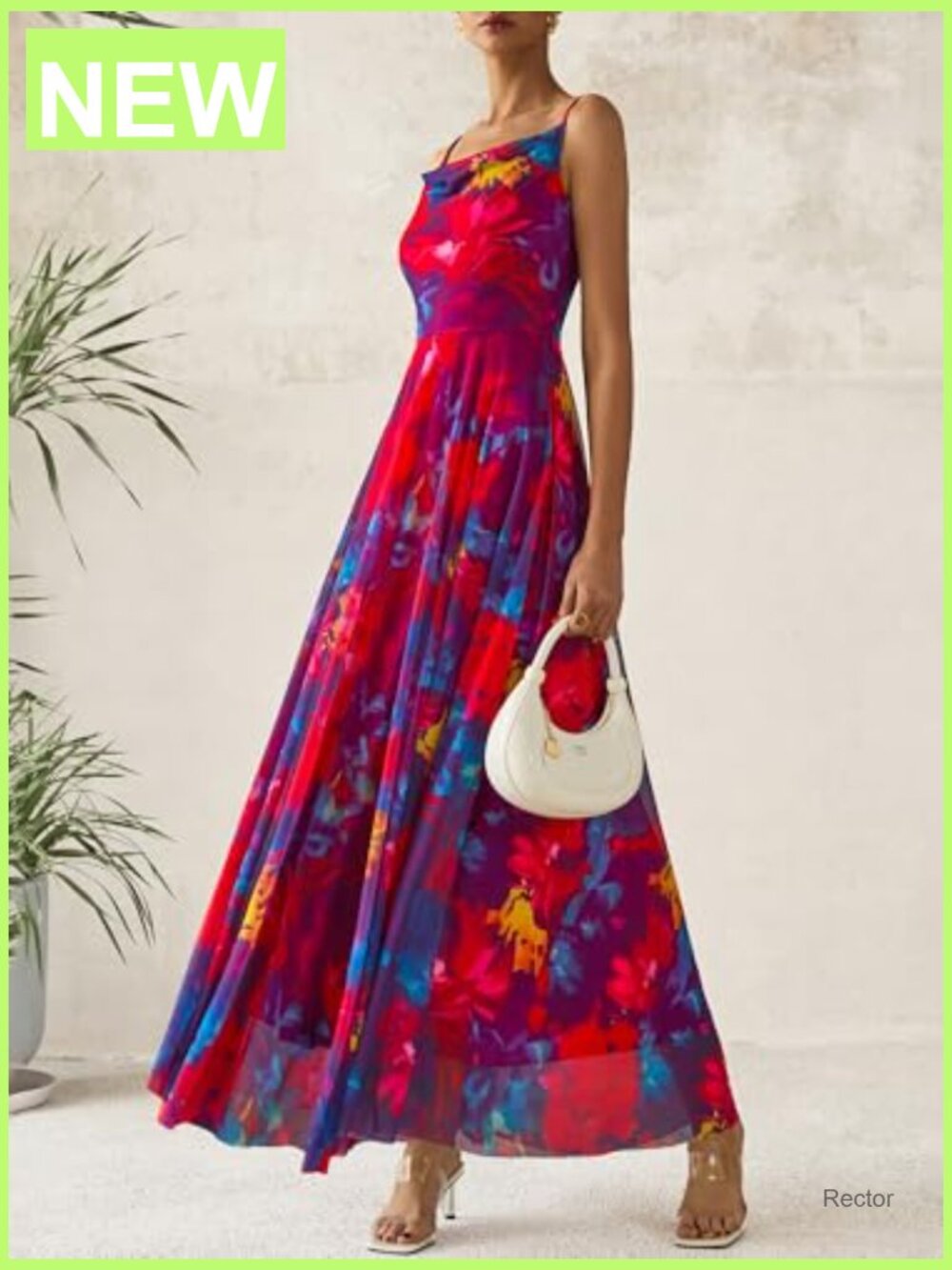 Elegant Floral Maxi Dress Spaghetti Strap Cowl Neck A-Line Summer Party - Picture 6 of 7